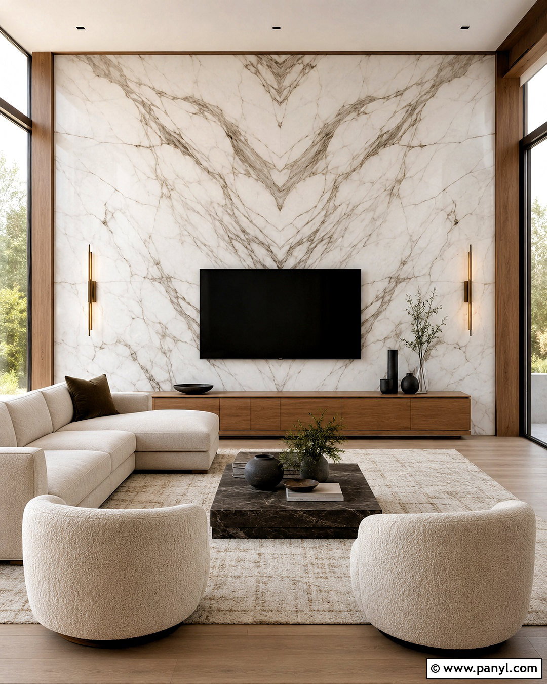 Bookmatched Marble Living Room Wall - 20 marble texture ideas