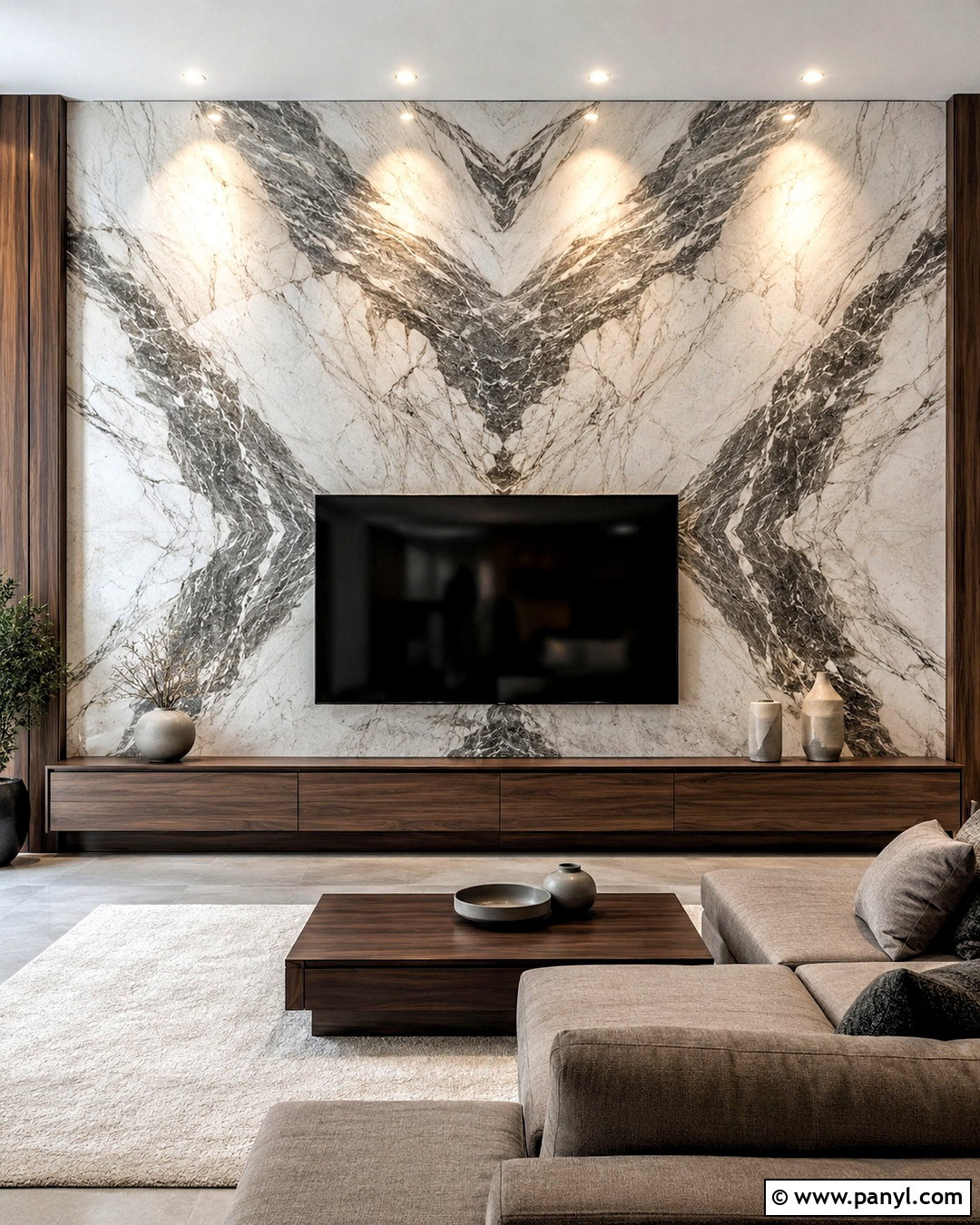 Bookmatched Marble TV Feature Wall - 20 marble tv feature wall ideas
