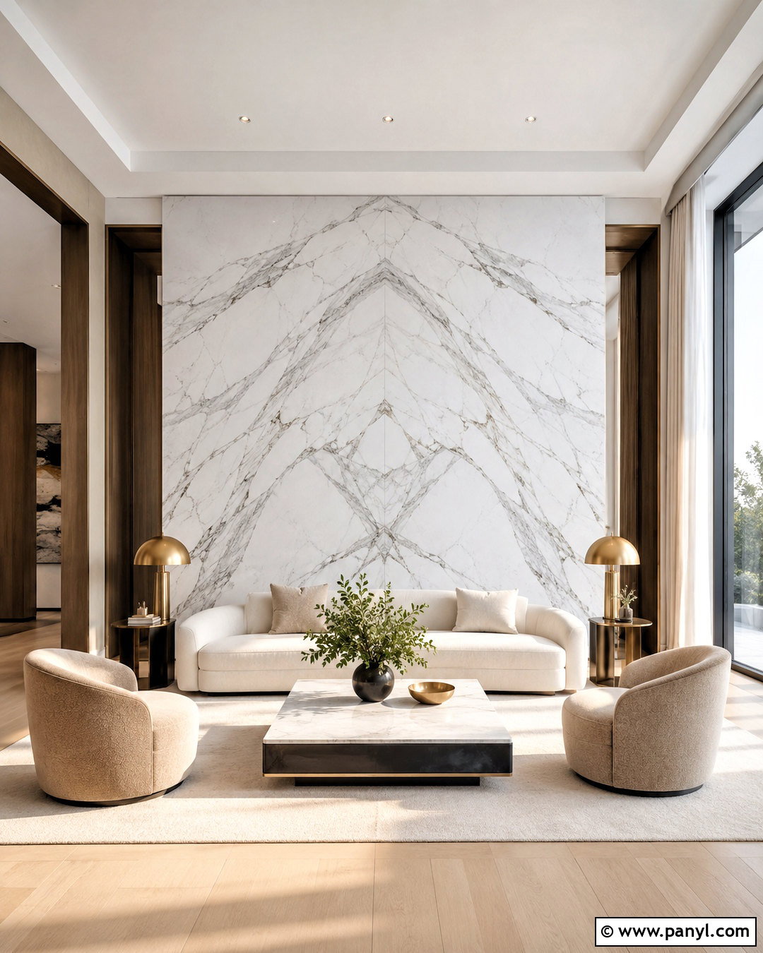 Bookmatched White Marble Living Room Wall - 20 marble wall design luxury ideas
