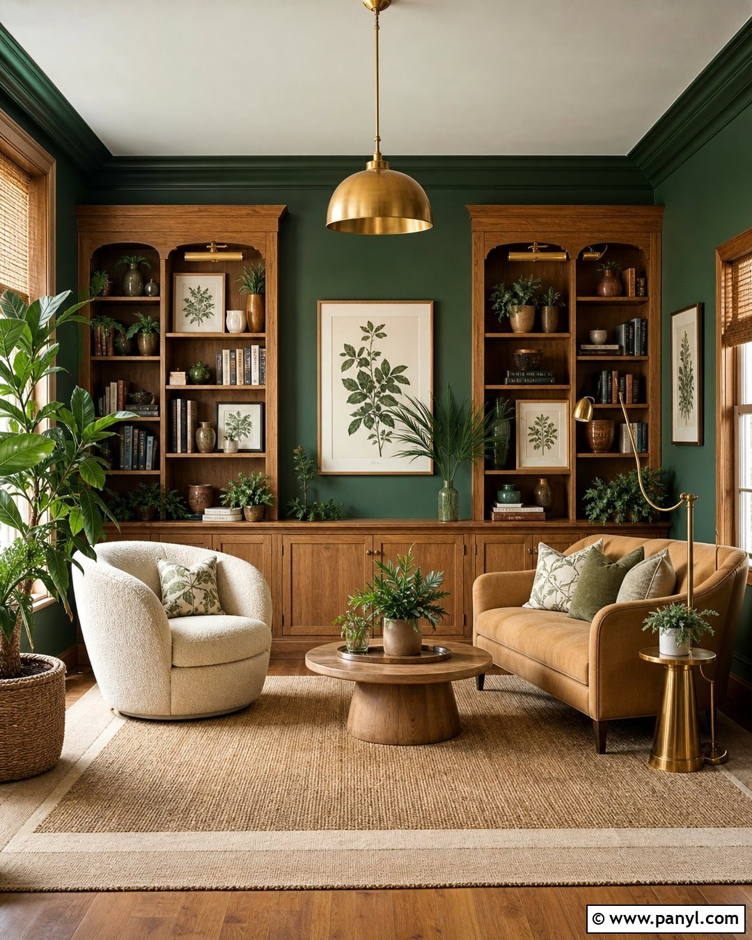 Botanical Dark Green Library - 20 Cozy Library With Dark Green Walls