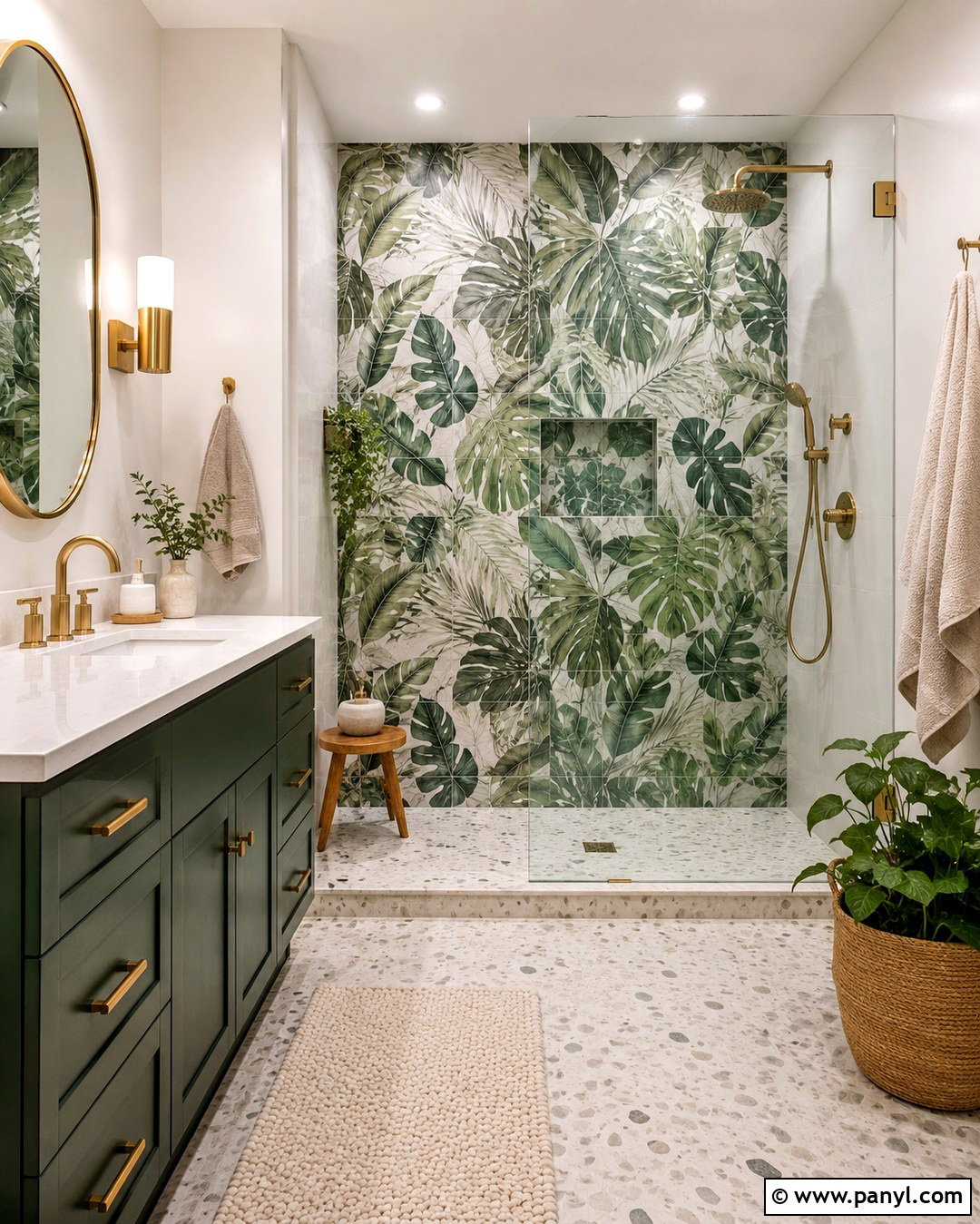 Botanical Green Patterned Shower Wall - 20 Green Accent Wall Shower Ideas