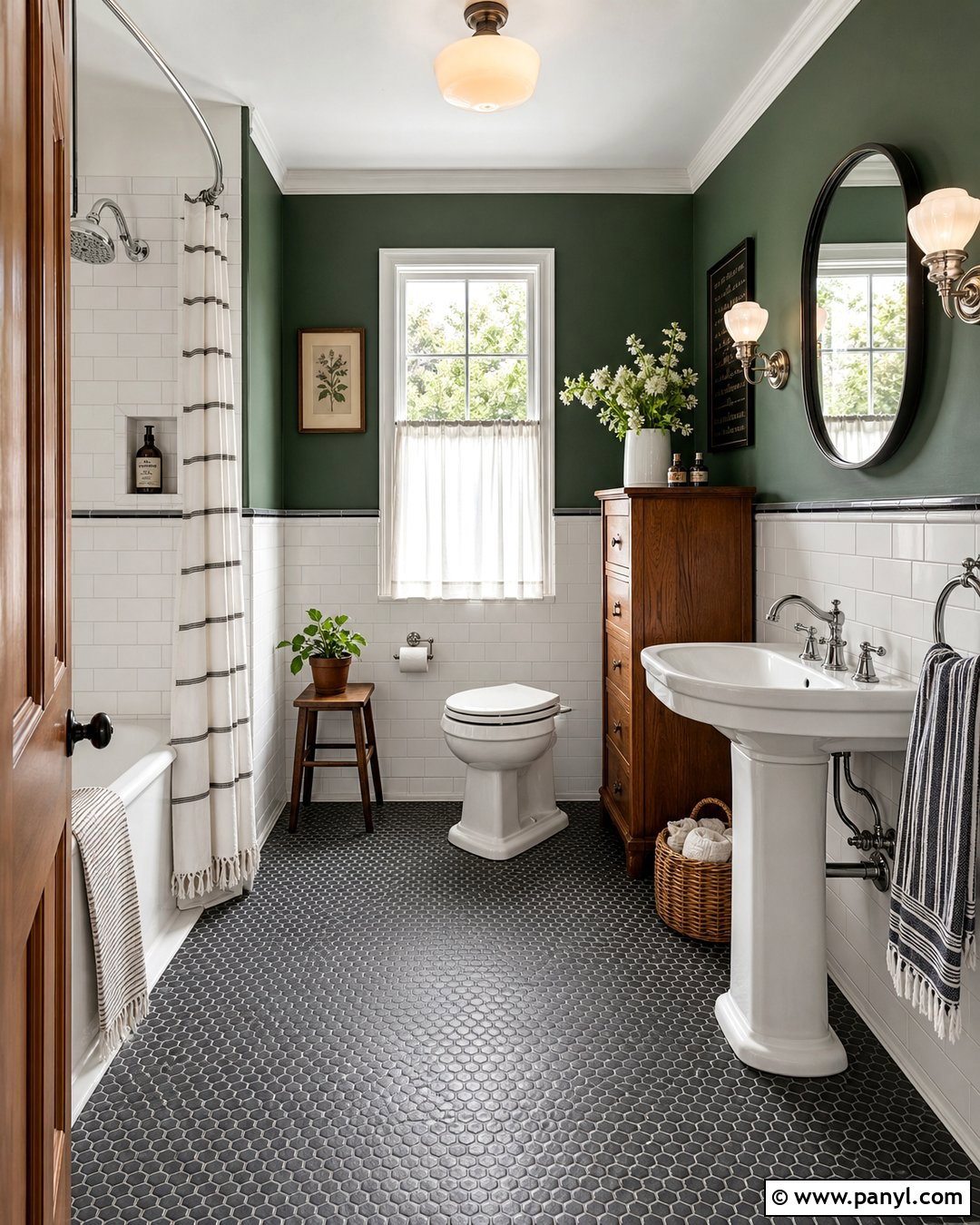 Botanical Green Walls With Gray Penny Tiles - 20 Grey Tiles Green Walls