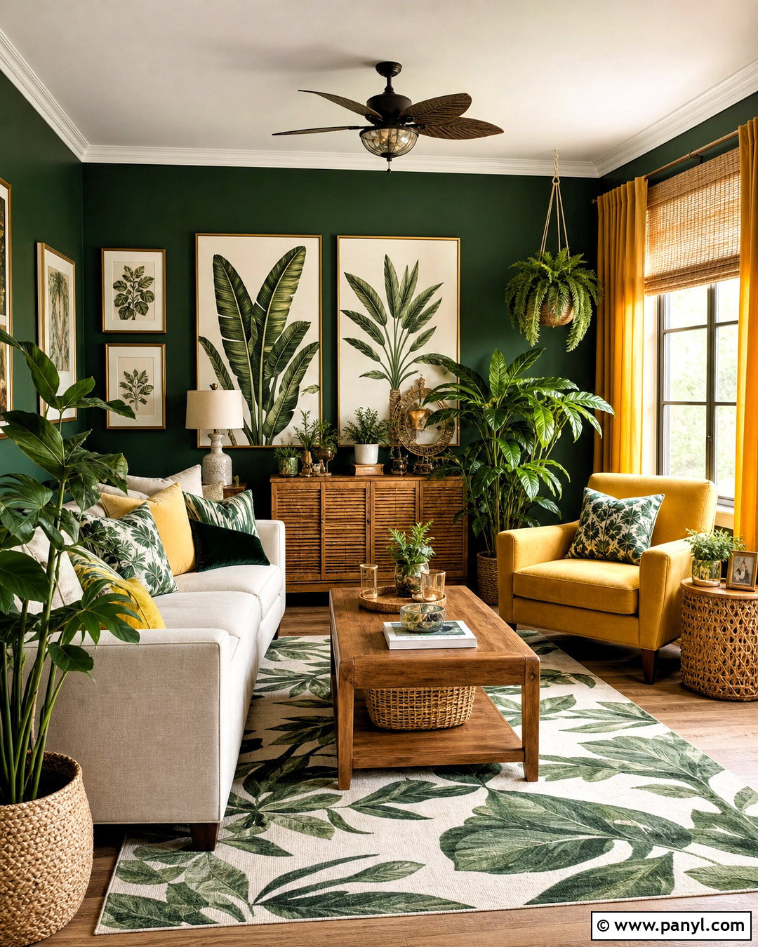 Botanical Green and Mustard Living Room - 20 green and mustard living room ideas