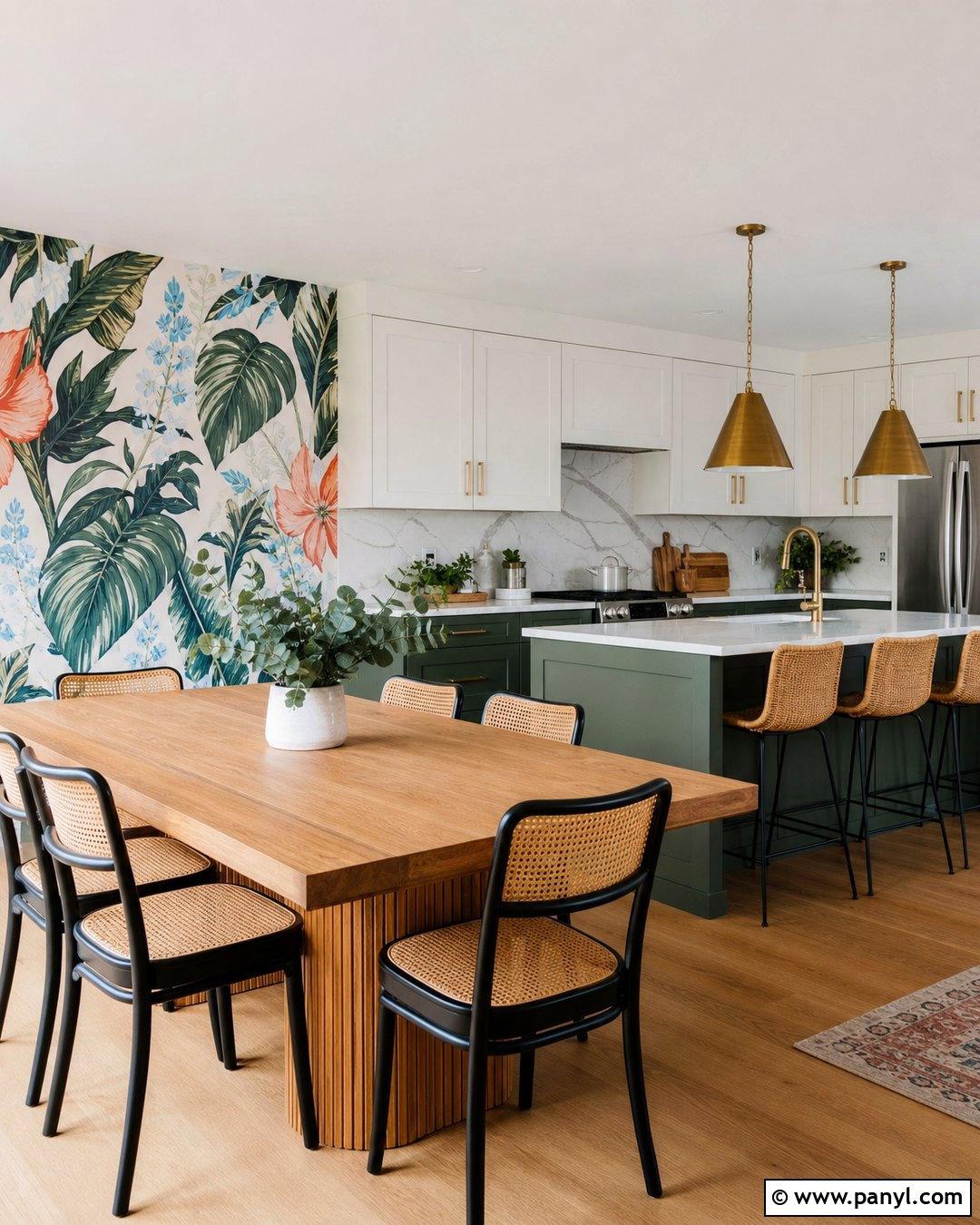 Botanical Wallpaper Kitchen Accent Wall - 20 Modern Kitchen With Colorful Accent Wall Ideas