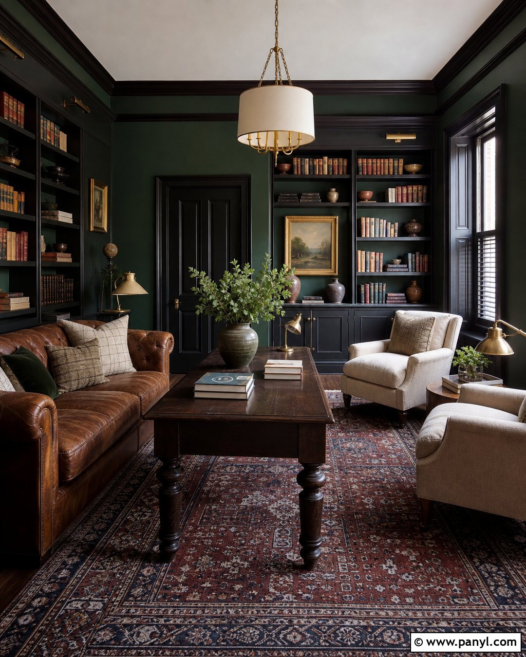 Bottle Green Library With Black Trim - 25 Green Wall Black Trim Ideas