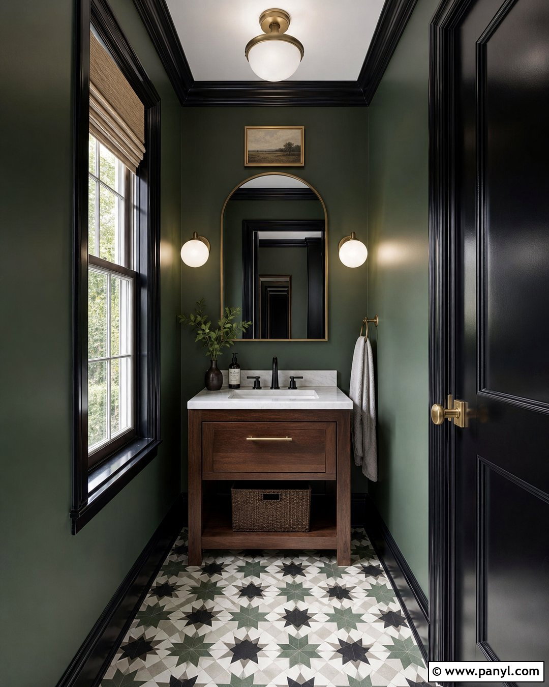 Bottle Green Powder Room With Black Trim - 25 Green Walls With Black Trim Ideas