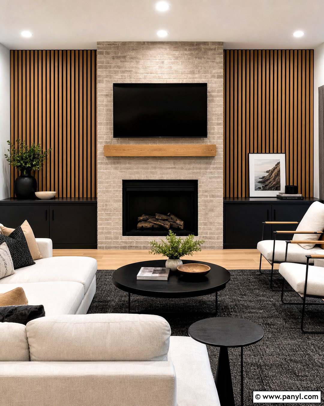 Brick Fireplace With Wood Slat Panels - 20 full wall brick fireplace makeover ideas