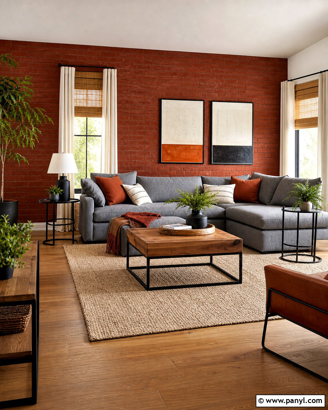 Brick Red Accent Wall With Gray Sectional - 20 red accent wall living room ideas