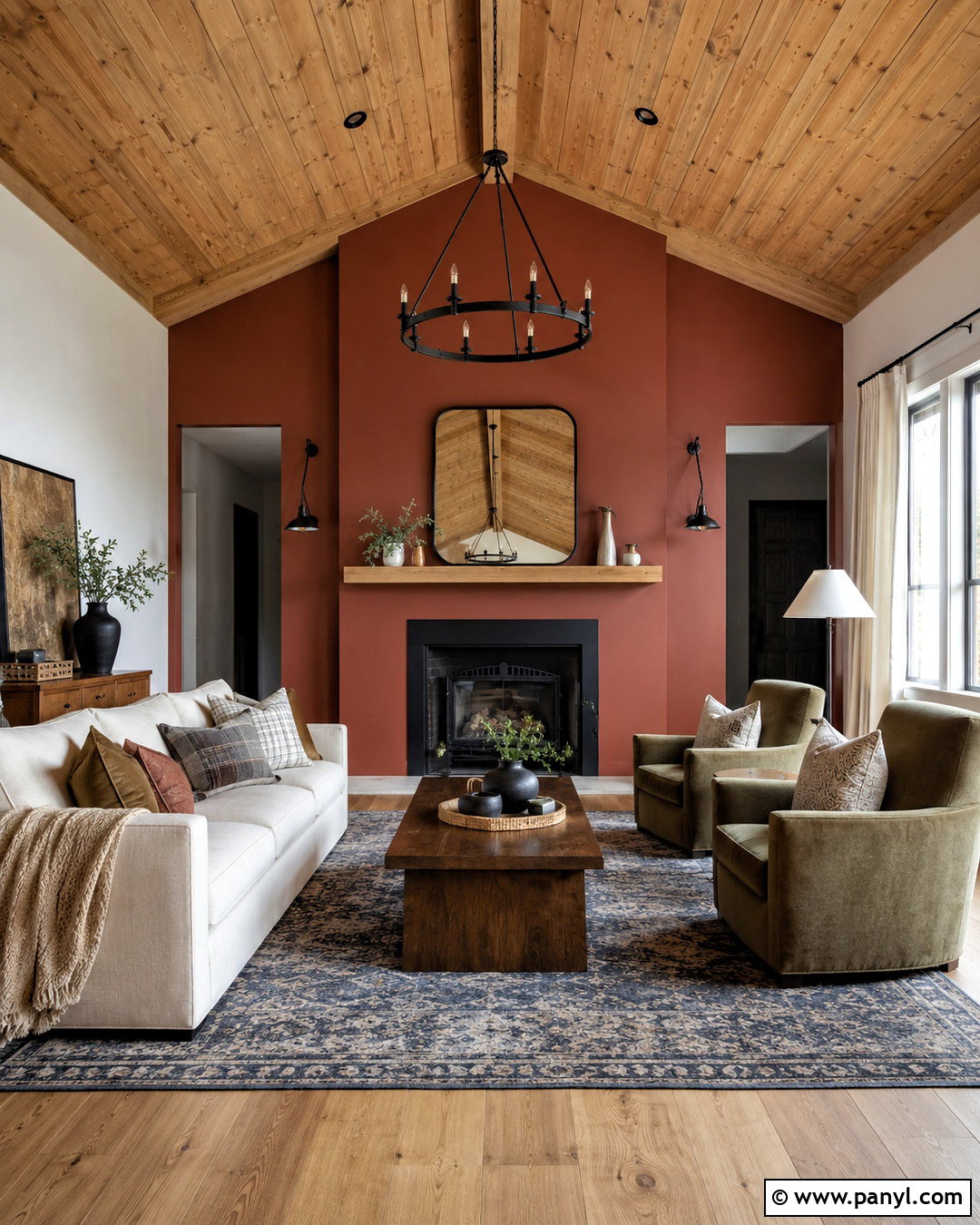 Brick Red Accent Wall With Pine Ceiling - 20 Wall Color With Pine Ceiling Ideas