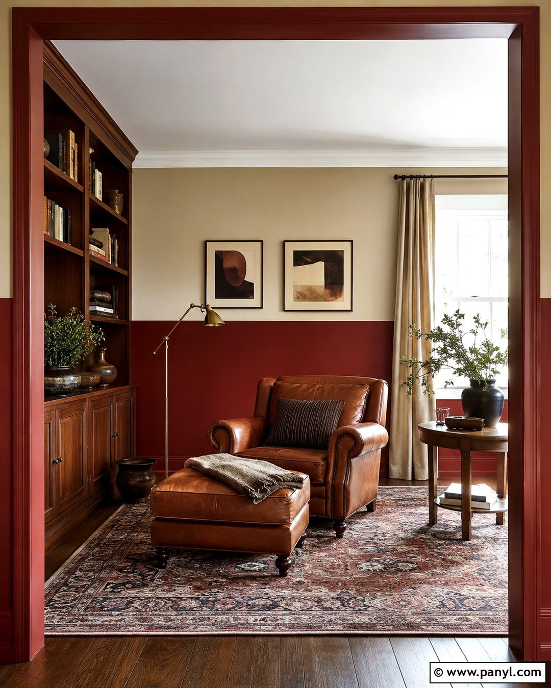 Brick Red And Sand Half-Painted Reading Room - 20 Room Painted Half And Half Ideas