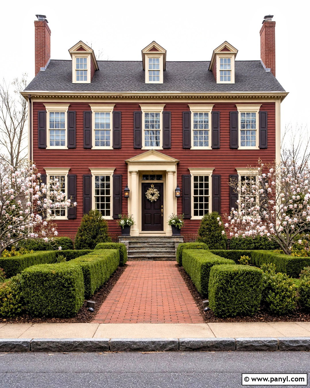 Brick Red Exterior Walls With Cream Trim - 20 exterior wall painting ideas