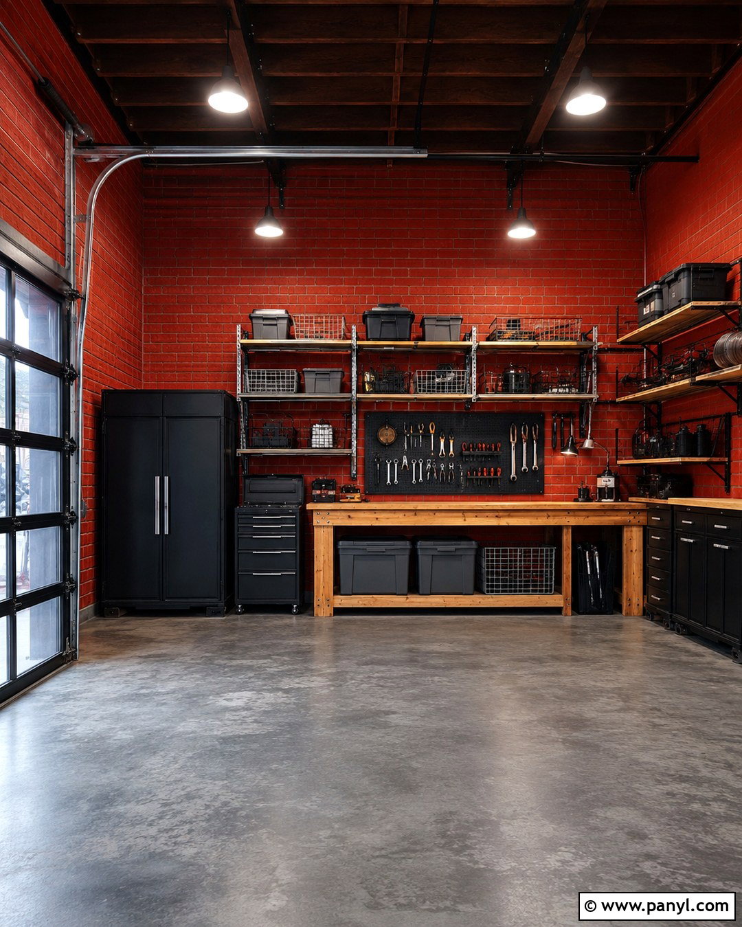 Brick Red Garage Walls With Industrial Storage - 20 Red Garage Walls