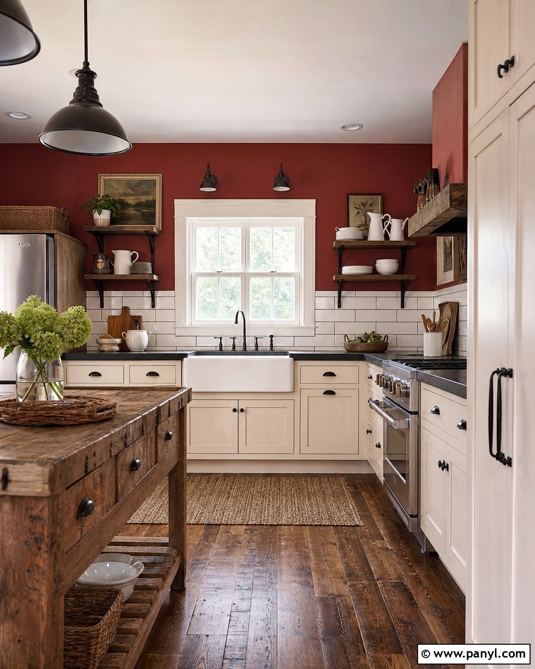 Brick Red Kitchen Walls With Farmhouse Cabinets - 35 red kitchen walls