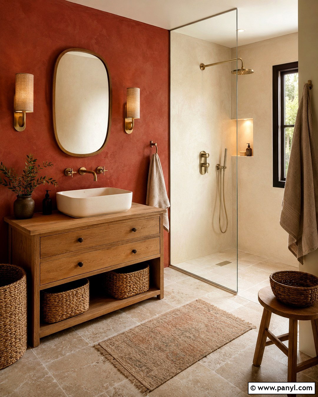 Brick Red Limewash Bathroom Wall - 20 Red Accent Wall Bathroom Ideas