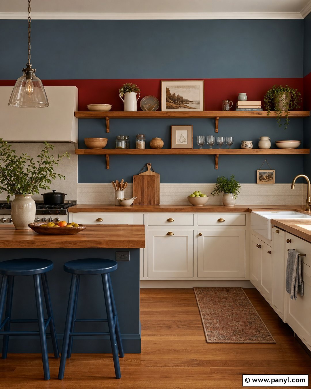 Brick Red Shelf Band Kitchen Wall - 20 Color Block Kitchen Wall Ideas