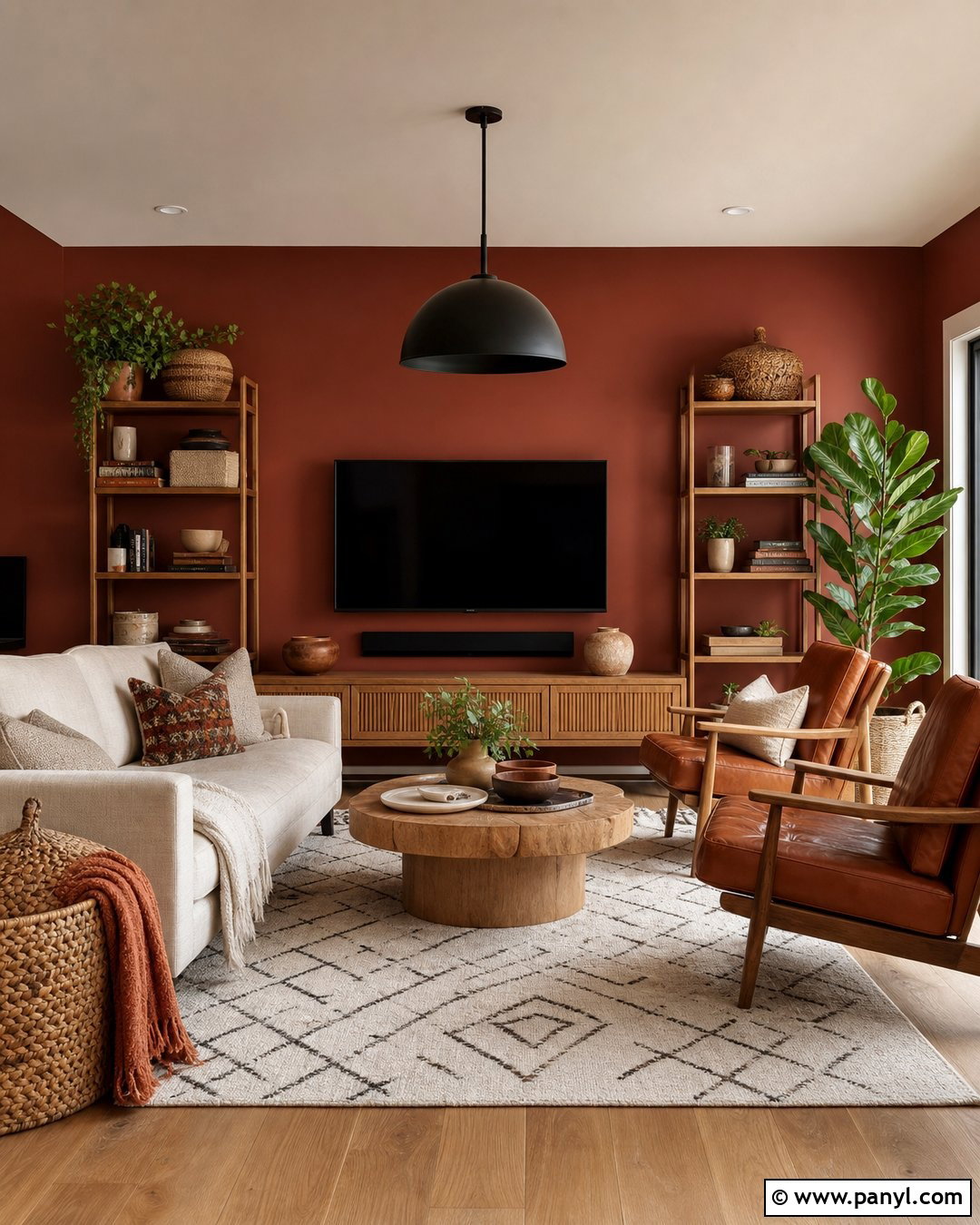 Brick Red Wall With Natural Wood - 25 Red Wall Interior Ideas