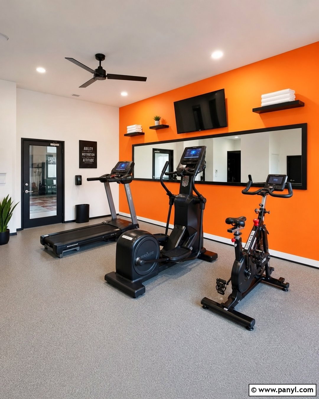 Bright Orange Cardio Room - 20 Orange Accent Wall Gym Ideas