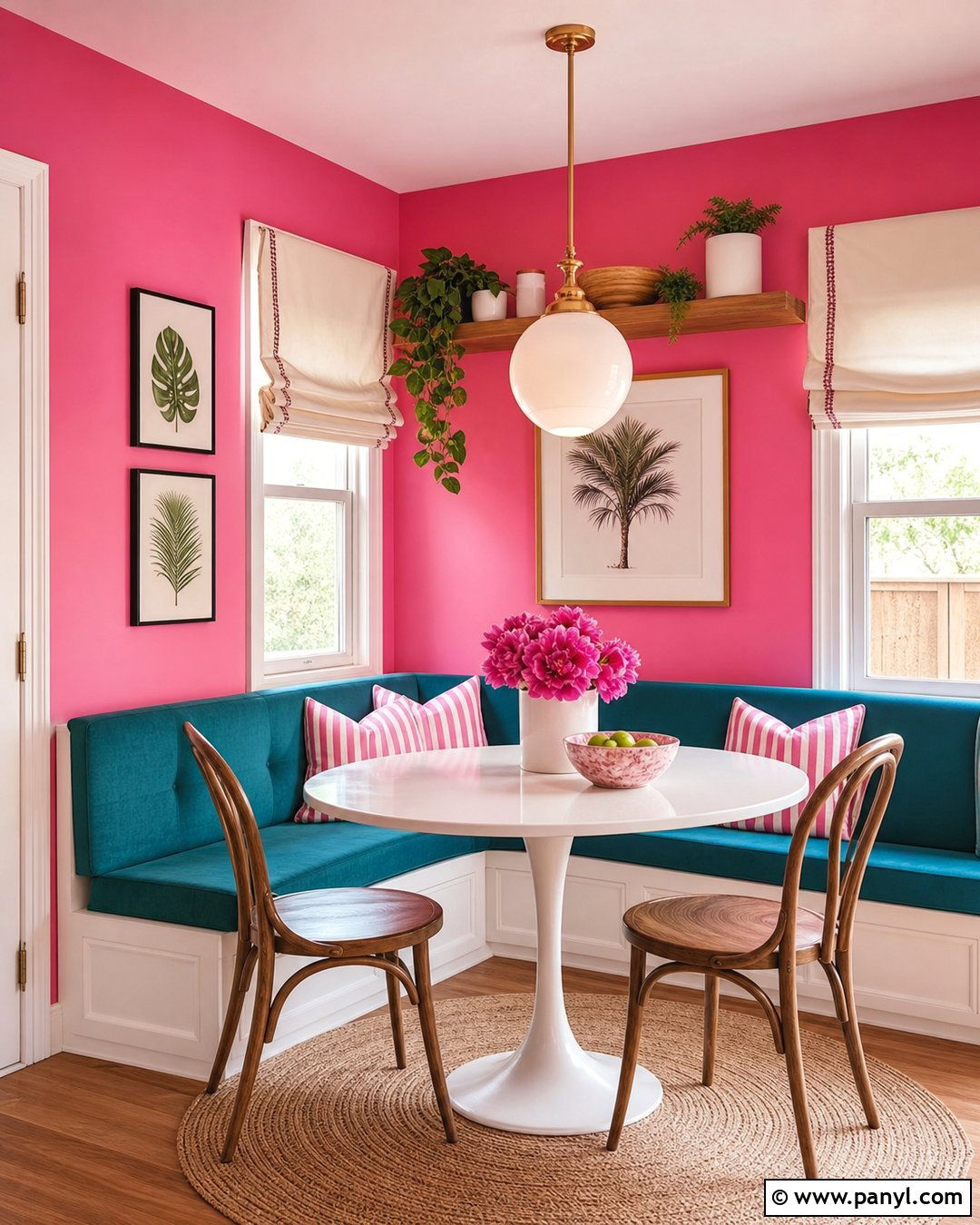 Bright Pink Breakfast Nook With Teal Seating - 20 Bright Pink Wall Color Ideas