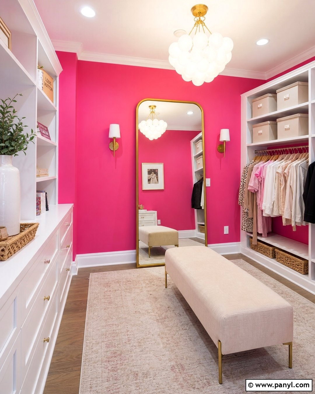 Bright Pink Dressing Room With Brass Accents - 20 Bright Pink Wall Color Ideas