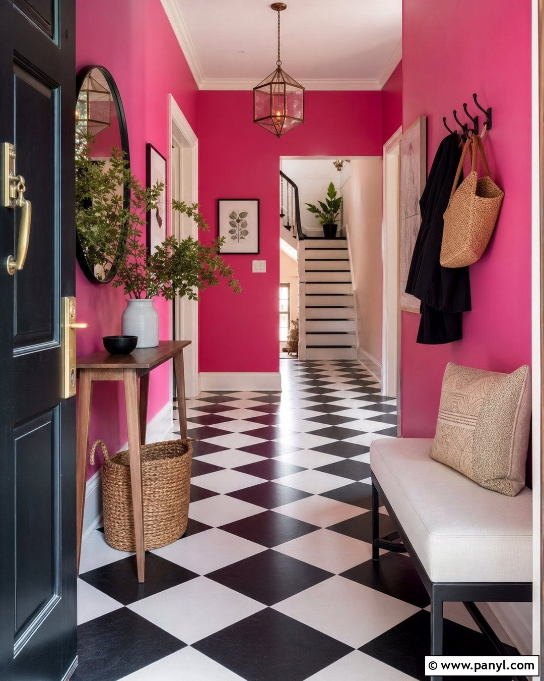 Bright Pink Entryway With Checkerboard Floor - 20 Bright Pink Wall Color Ideas