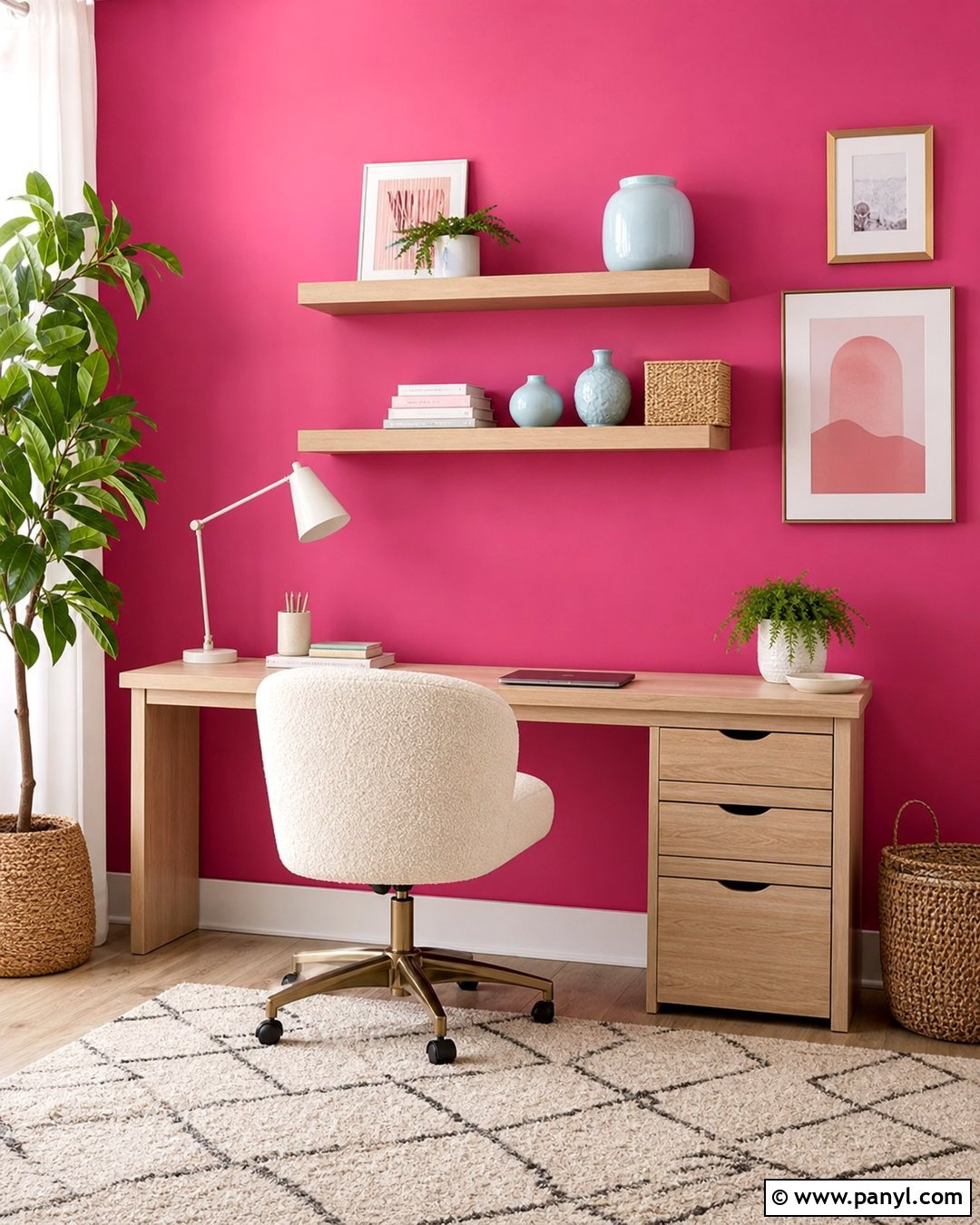 Bright Pink Home Office With Light Wood - 20 Bright Pink Wall Color Ideas