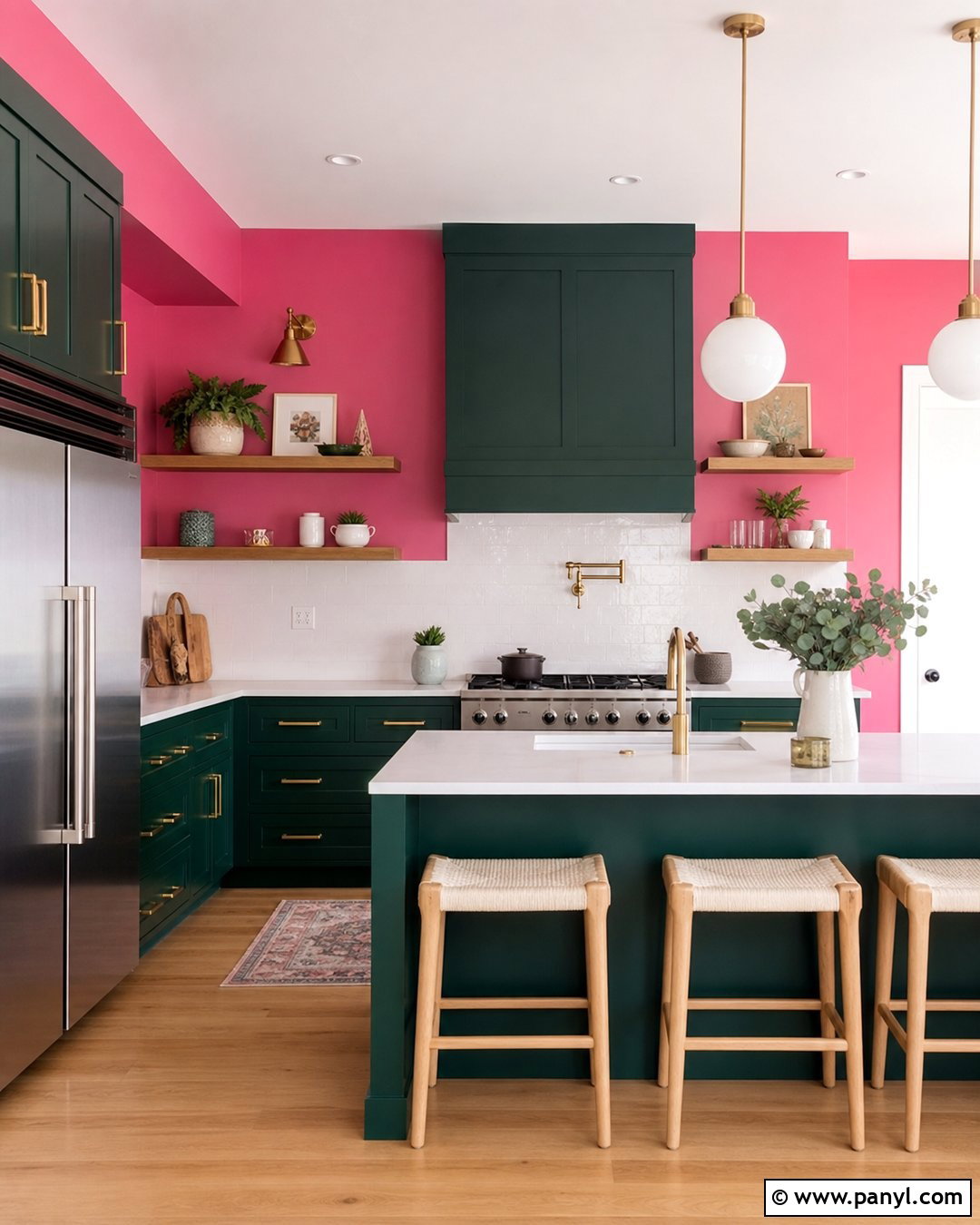 Bright Pink Kitchen With Dark Green Cabinets - 20 Bright Pink Wall Color Ideas
