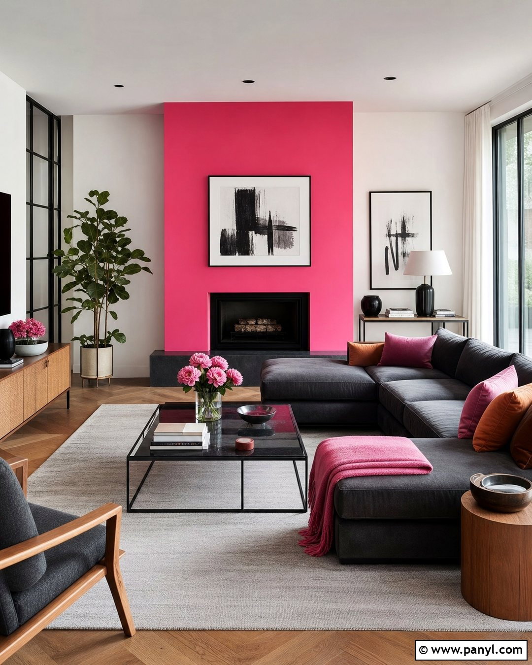 Bright Pink Living Room With Charcoal Gray - 20 Bright Pink Wall Color Ideas