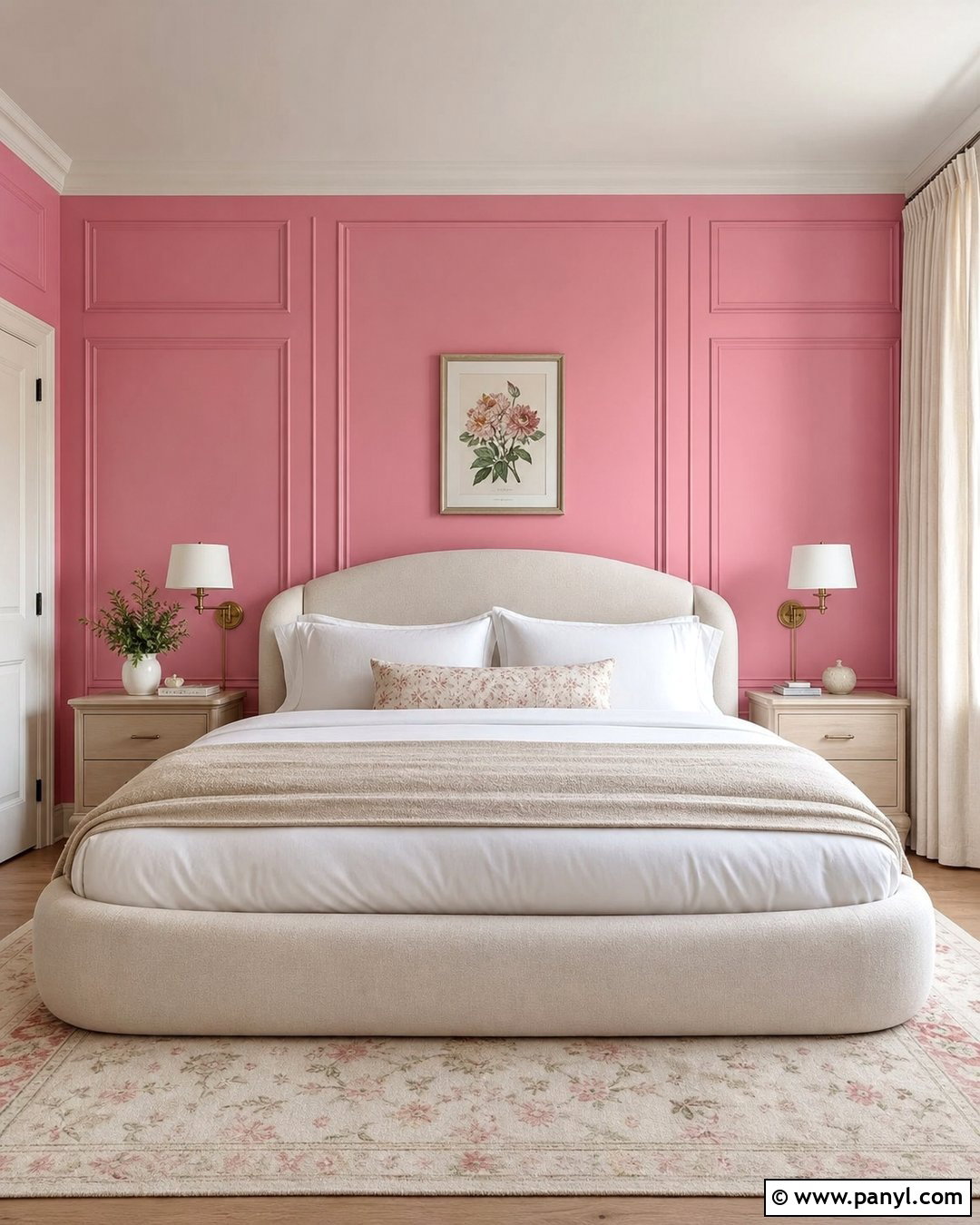 Bright Pink Paneled Bedroom With Cream Bedding - 20 Bright Pink Wall Color Ideas