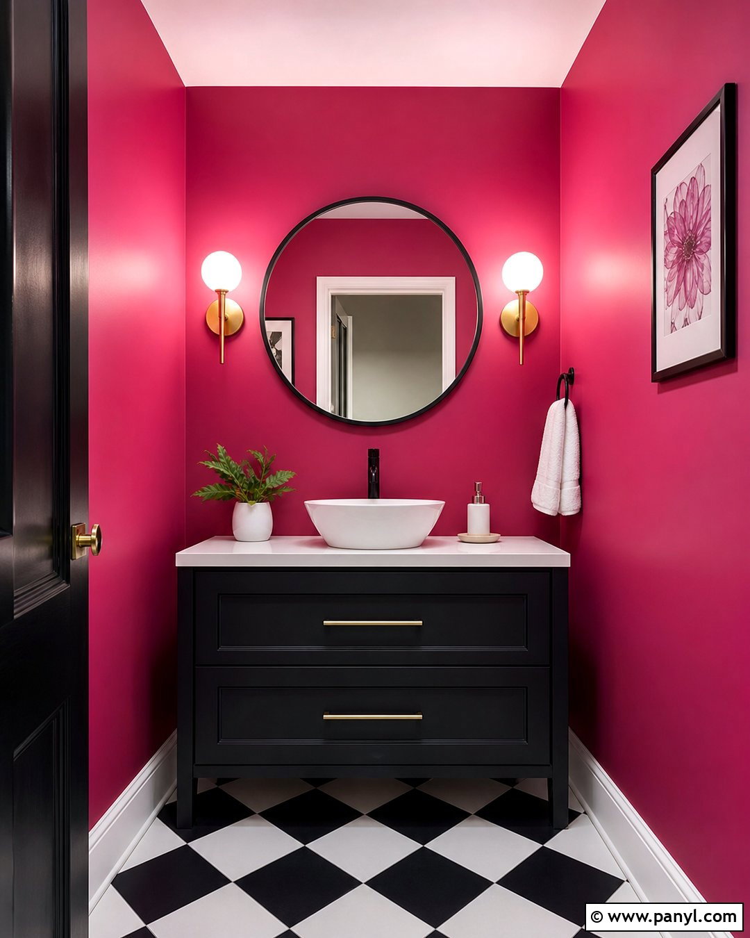 Bright Pink Powder Room With Black Fixtures - 20 Bright Pink Wall Color Ideas