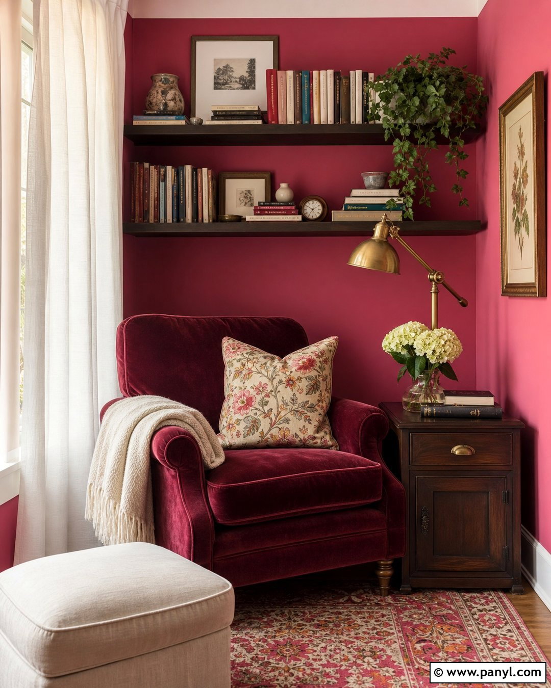 Bright Pink Reading Nook With Burgundy Chair - 20 Bright Pink Wall Color Ideas