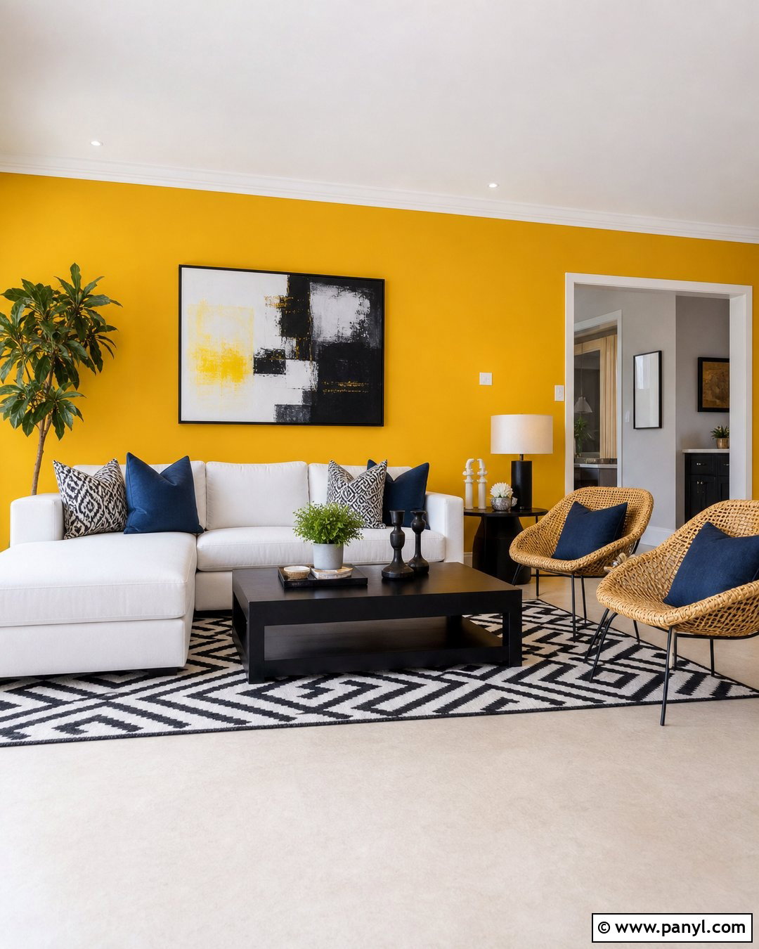 Bright Yellow Accent Wall With White Sofa - 25 Yellow Accent Wall Living Room Ideas