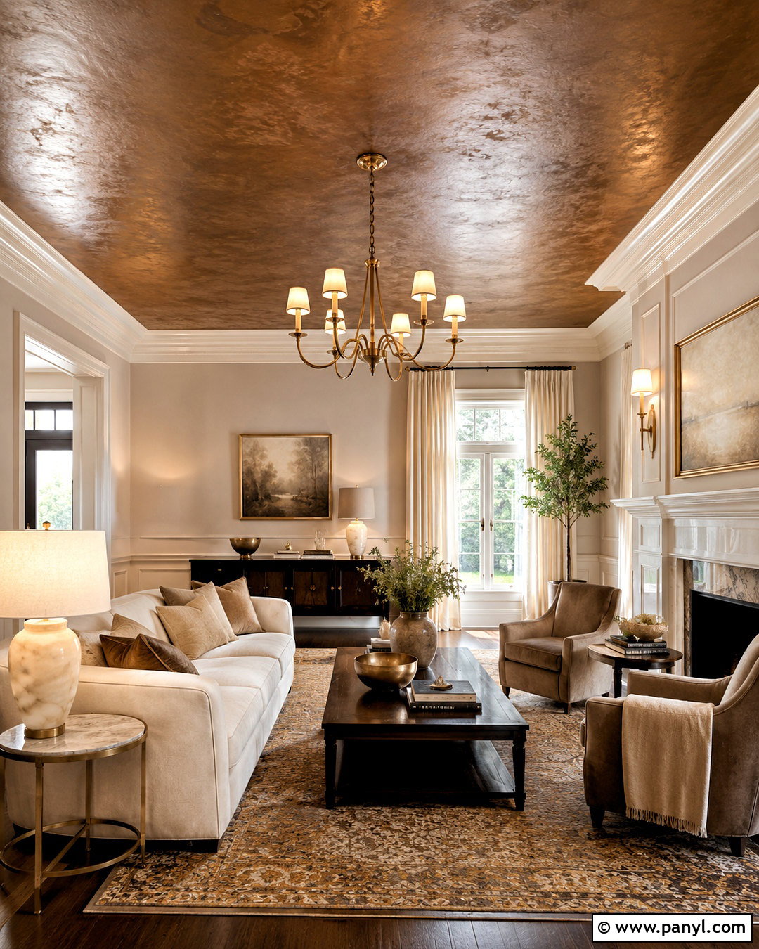 Bronze Brown Ceiling With Elegant Decor - 20 brown ceiling living room ideas