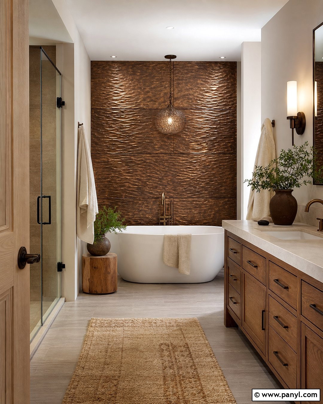 Bronze Textured Panel Accent Wall - 20 Metallic Accent Wall Bathroom Ideas