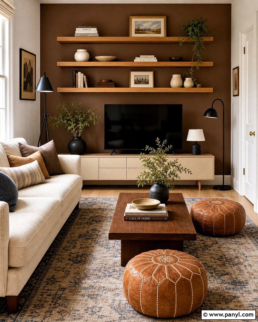 Brown Accent Wall With Floating Shelves - 20 brown accent wall living room ideas