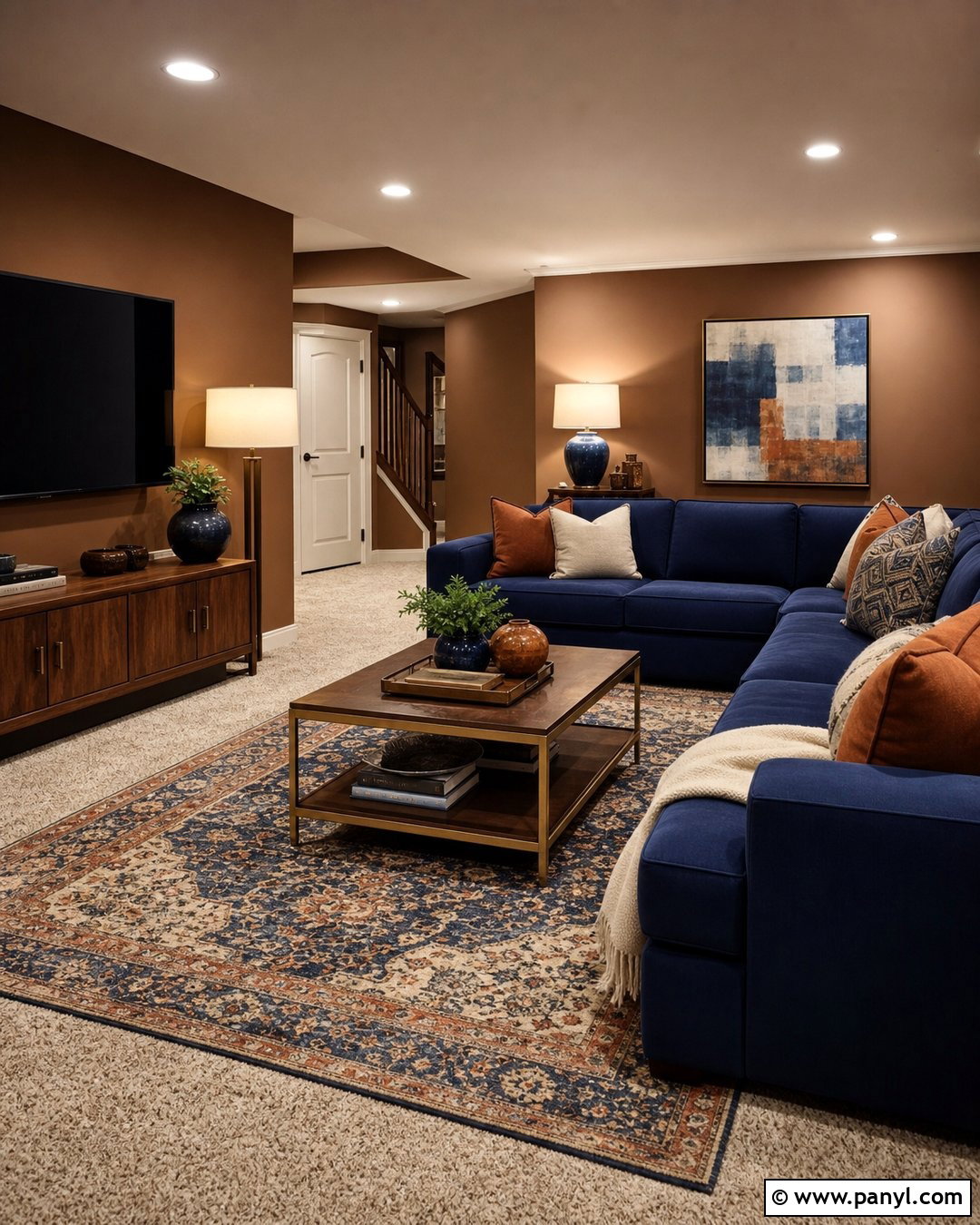 Brown Basement Walls With Blue Accents - 25 Brown Basement Walls