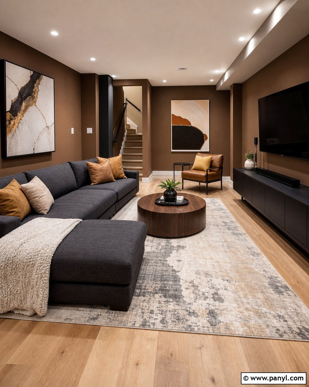 Brown Basement Walls With Gray Sectional - 25 Brown Basement Walls