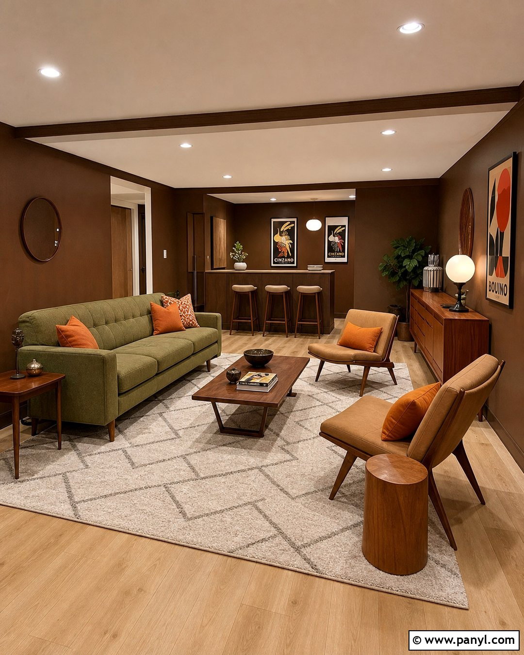 Brown Basement Walls With Midcentury Furniture - 25 Brown Basement Walls