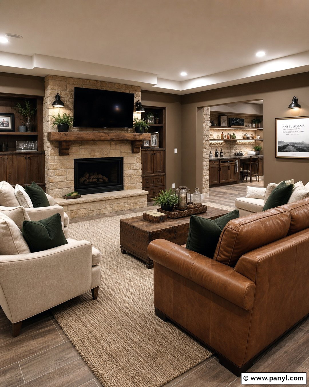 Brown Basement Walls With Stone Fireplace - 25 Brown Basement Walls