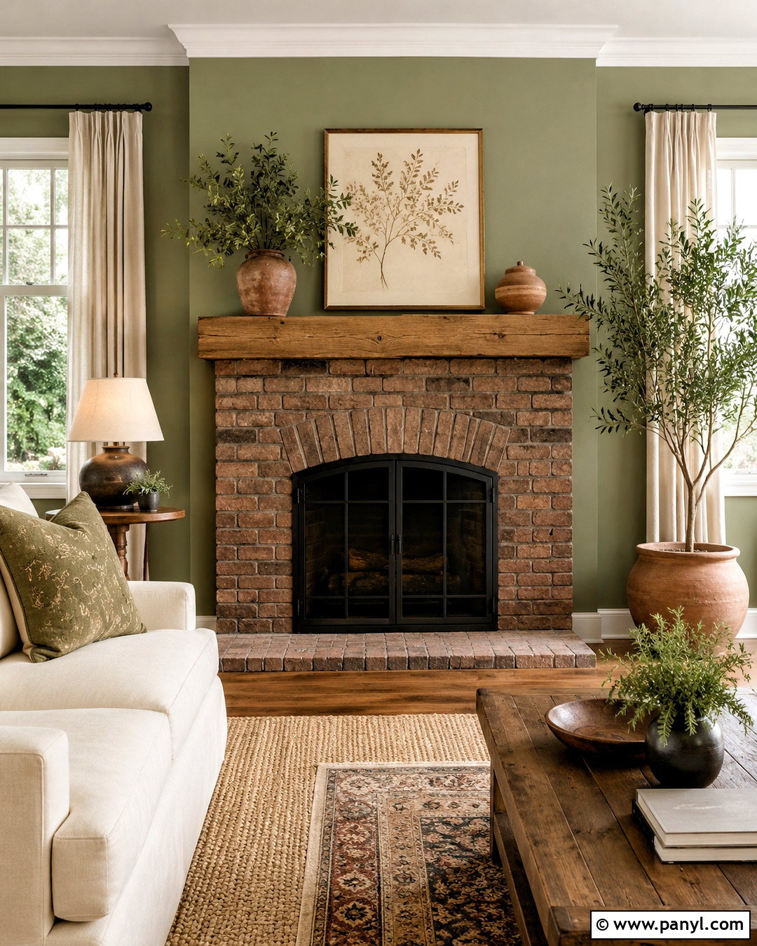 Brown Brick Fireplace With Sage Green Walls - 20 brown brick fireplace ideas