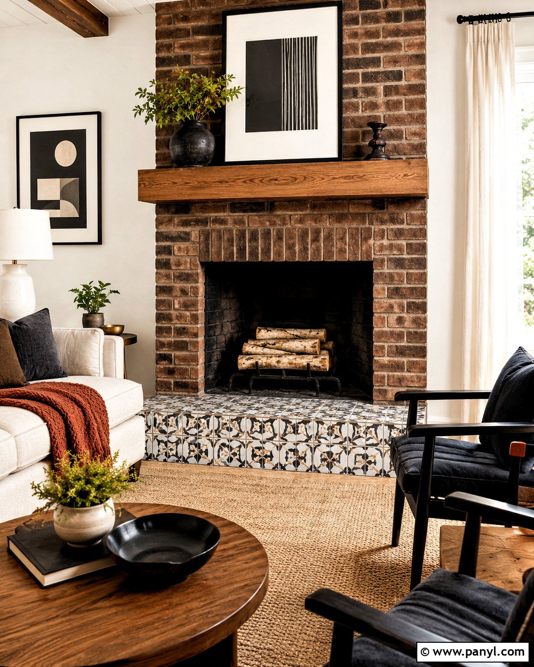 Brown Brick Fireplace With Tile Hearth - 20 brown brick fireplace ideas