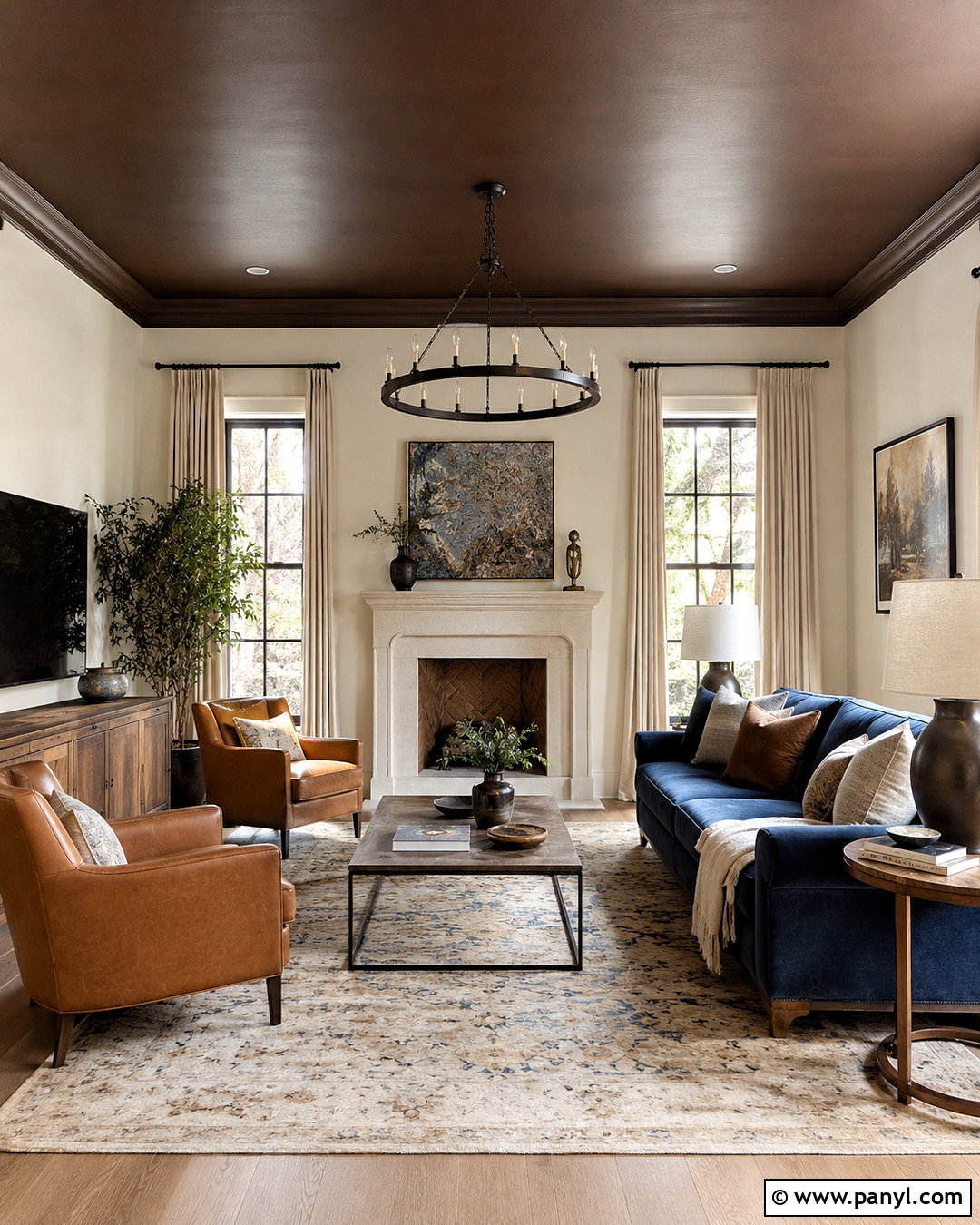 Brown Ceiling With Blue Living Room Decor - 20 brown ceiling living room ideas