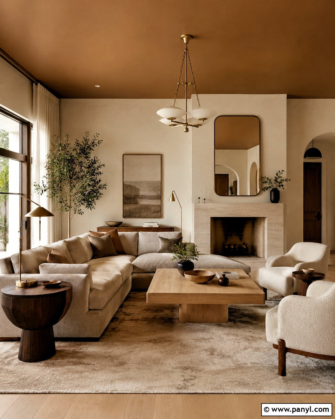 Brown Ceiling With Layered Neutral Decor - 20 brown ceiling living room ideas