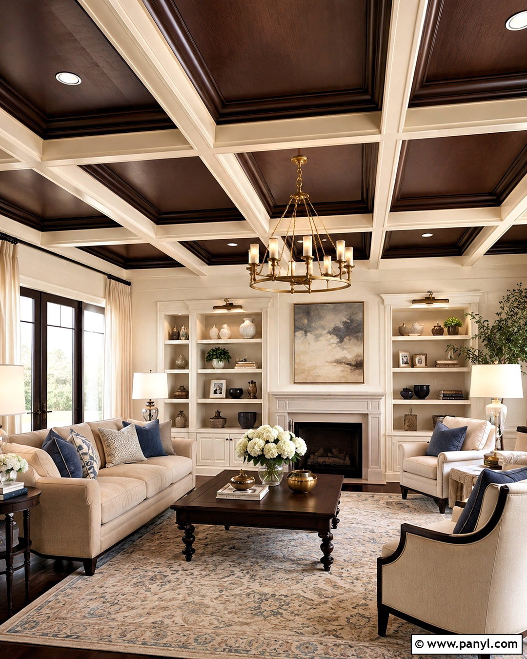 Brown Coffered Ceiling With Built-In Lighting - 20 brown ceiling living room ideas