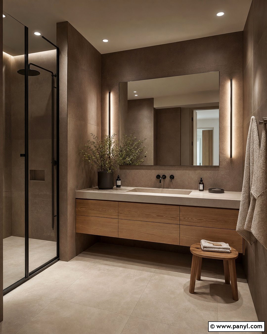 Brown Concrete-Look Bathroom - 20 Brown Textured Wall Bathroom Ideas