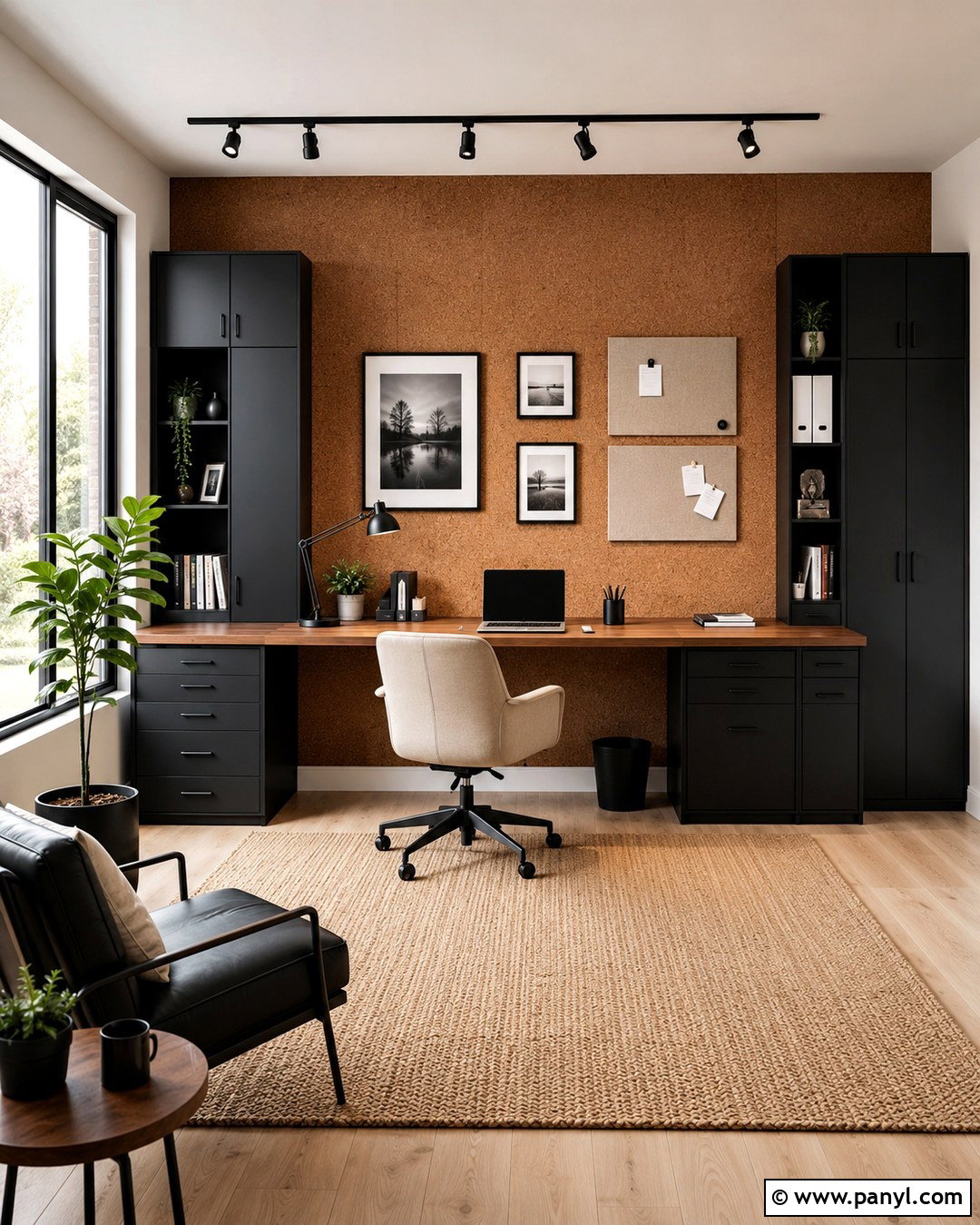 Brown Cork Wall With Black Office Storage - 20 Brown Black Accent Wall Ideas