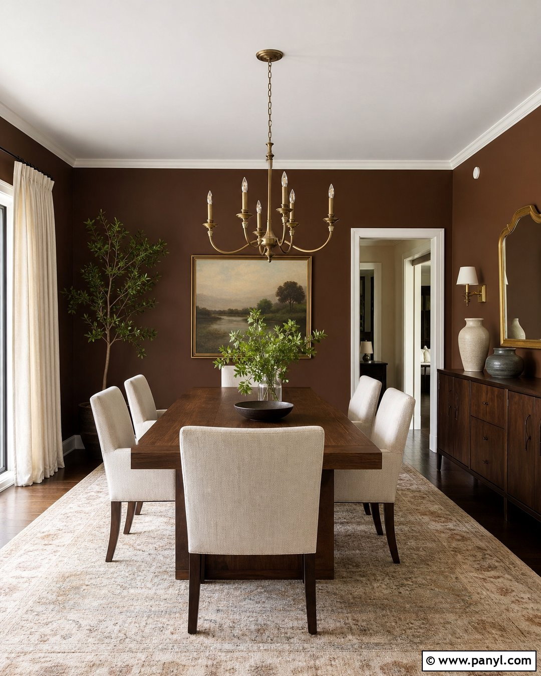Brown Dining Room With Brass - 35 Brown Wall Room Ideas