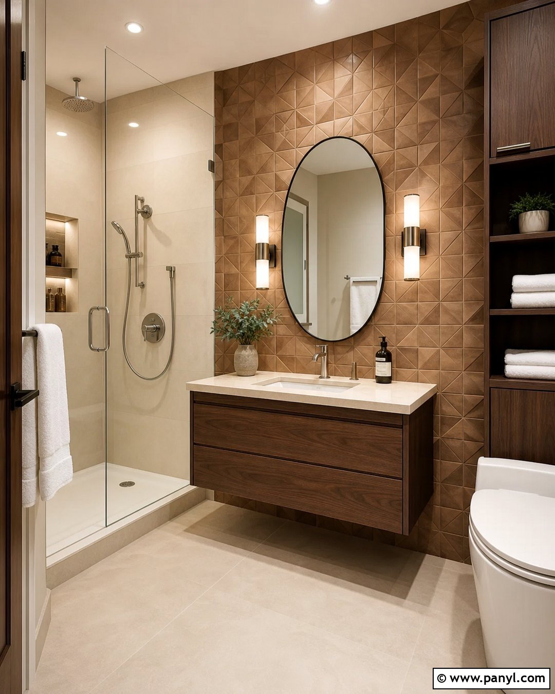 Brown Geometric Tile Bathroom - 20 Brown Textured Wall Bathroom Ideas