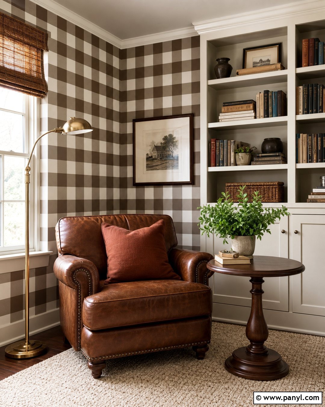 Brown Gingham Painted Reading Nook Walls - 30 Gingham Painted Walls