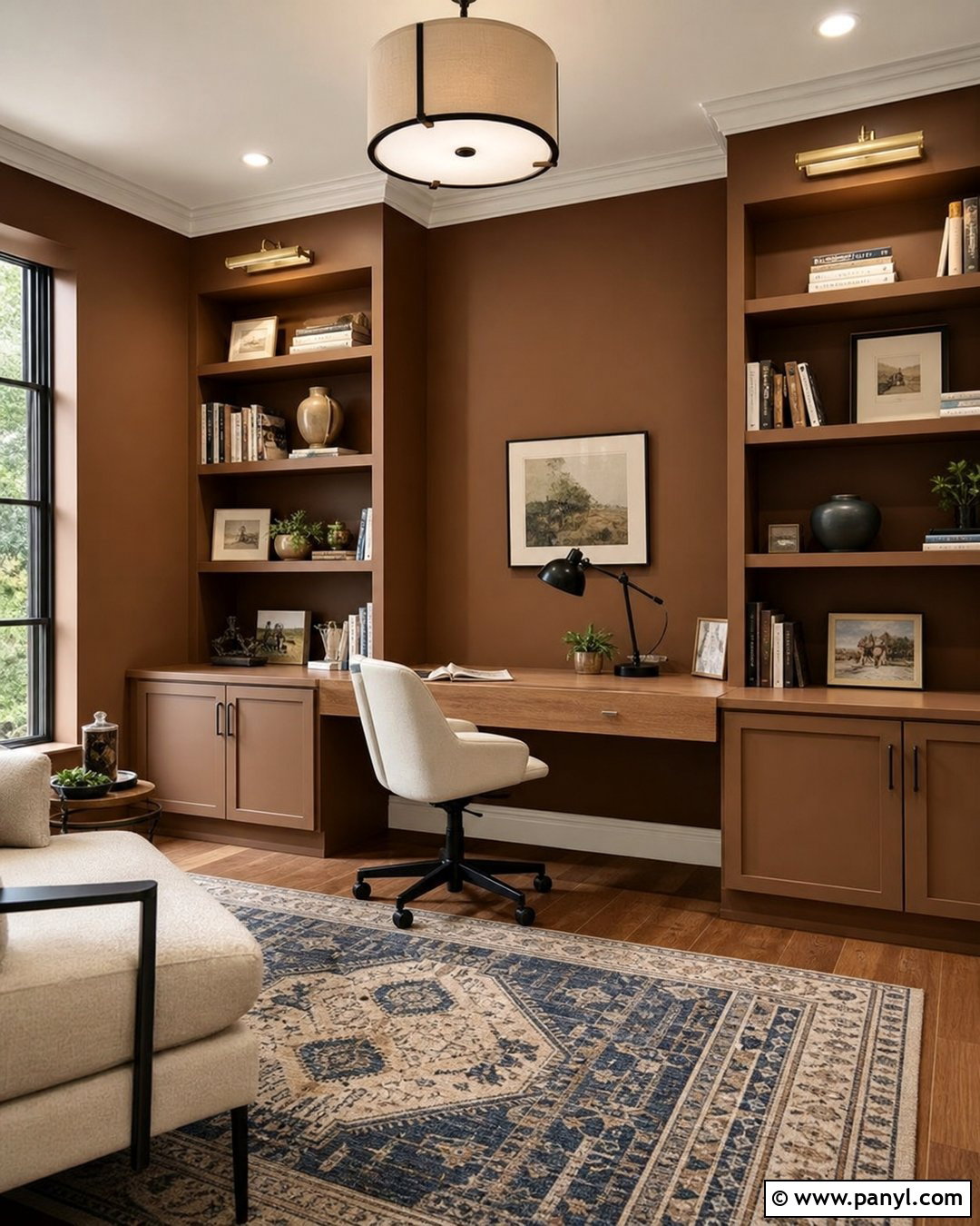 Brown Home Office With Built-In Shelves - 30 Brown Paint Walls
