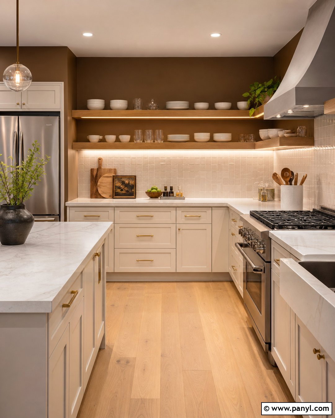Brown Kitchen Walls With Open Wood Shelves - 20 Modern Kitchen With Brown Walls